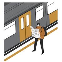 Young man standing on train platform reading newspaper while waiting for train with backpack in urban setting vector