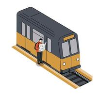 Man standing on subway platform reading a newspaper beside a stationary yellow and gray train in a minimal urban setting vector