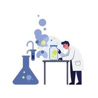 Scientist in white lab coat examining chemical reaction in glass jar on table with bubbling beaker emitting fumes in laboratory setting vector