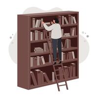 Man in casual clothes standing on a wooden ladder reaching for books on a tall bookshelf in a quiet indoor setting vector