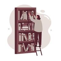 Woman standing on a small ladder selecting a book from a tall bookshelf filled with various books in a calm indoor setting vector