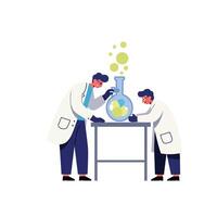 Two male scientists in white lab coats conducting chemical experiment with bubbling flask on metal table in laboratory setting vector