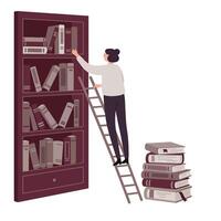 Woman with dark hair in a bun climbing a wooden ladder to reach books on a tall bookshelf with a stack of books nearby in a quiet indoor setting vector
