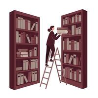 Woman standing on a ladder organizing books on tall bookshelf in a quiet library or study room setting with a focused and calm atmosphere vector