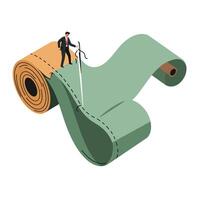 Businessman in suit sewing together two large fabric rolls symbolizing connection and integration in a conceptual teamwork scene vector