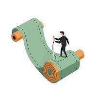 Businessman standing on a large green fabric roll holding a sewing needle, symbolizing tailoring or fabric craftsmanship in a minimalistic isometric style vector