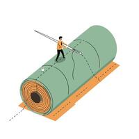 Man standing on large rolled green fabric holding giant needle stitching thread in an industrial textile workshop setting with focused mood vector