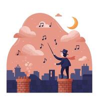 Man in vintage outfit conducting musical notes above city rooftops at dusk with crescent moon and clouds in serene twilight atmosphere vector