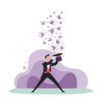 Man in tuxedo performing magic trick with black top hat releasing purple butterflies in abstract outdoor setting vector