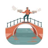 Young delivery person balancing on skateboard while crossing a small brick arch bridge carrying two steaming pizza boxes in an urban outdoor setting vector