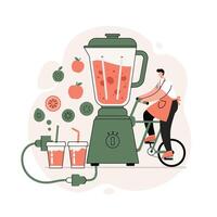 Man in apron pedaling stationary bike powering large green blender with fresh fruit slices and two juice cups in modern minimalist style vector