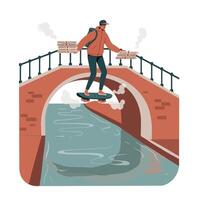 Young delivery man wearing casual jacket and cap rides hoverboard over canal bridge carrying two steaming pizza boxes in urban setting vector