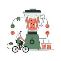 Illustration of a person riding a bicycle connected by cords to a large blender blending fruit juice, depicting energy generation and healthy lifestyle concept vector