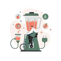 Man pedaling stationary bike connected to blender creating fresh fruit smoothie with floating fruit icons around in clean minimalist style vector