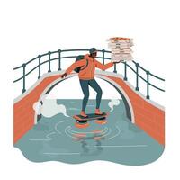 Man wearing a hoodie and cap balancing on a hoverboard over water beneath a small brick bridge while holding a stack of pizza delivery boxes, showing skill and focus vector