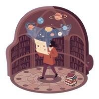 Man in a library dome studying an ancient astronomy chart with planets and scientific symbols floating above, surrounded by bookshelves and a stack of books, focused and curious atmosphere vector