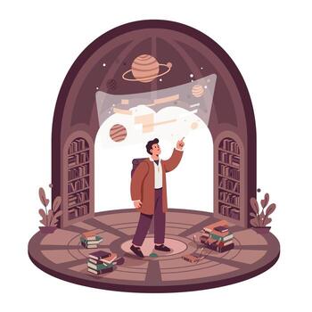 Young man in casual outfit exploring planetary models inside a dome-shaped library with books scattered on the floor, pointing upwards with curiosity and engagement vector