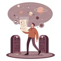 Man standing between two tall bookshelves holding a paper with a celestial solar system projection above him in a library setting vector