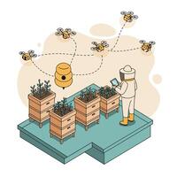 Beekeeper in protective suit monitoring plants near wooden hives with flying bees on a raised platform in a controlled environment vector