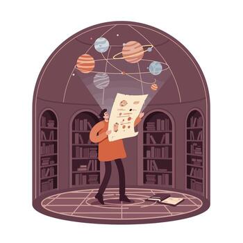 Young person studying astronomy inside a circular library with planet models hanging overhead and holding a celestial chart, surrounded by books, focused and curious atmosphere vector