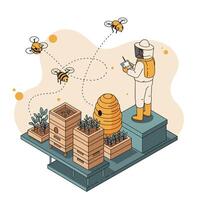 Beekeeper in protective suit monitoring honeybee activity around wooden hives and artificial orange beehive on raised platform with flowering plants vector