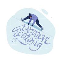Man wearing winter clothes and ice skates performing artistic calligraphy on ice surface with a graceful pose and fluid movements vector