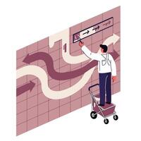 Person standing on a wheeled stool drawing directional arrows on a tiled wall with paint, illustrating complex choices and paths in a decision-making scenario vector