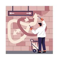 Man painting complex intertwined white arrows on brick wall with paint roller and brush while pushing paint bucket cart in indoor setting vector