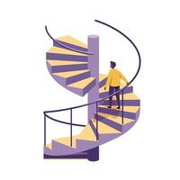 Man in yellow jacket ascending spiral staircase with purple and beige steps in minimalist white background, depicting progress and upward movement vector