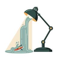 Black adjustable desk lamp pouring a stream of water with a small person kayaking inside illuminated water flow on white background vector