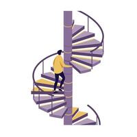 Man wearing yellow jacket and black pants ascending a modern spiral staircase with grey and yellow steps in a minimalist setting vector