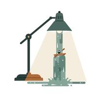 Modern adjustable desk lamp illuminating a miniature wooden canoe with a paddler in cascading water flow, highlighting creative concept and contrast between light and fluid motion vector