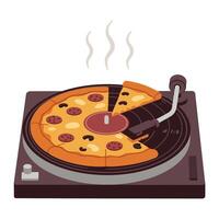 Creative illustration of a pepperoni pizza slice being lifted from a whole pizza on a vintage turntable with steam rising, blending food and music elements in a playful setting vector