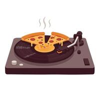 Illustration of a vintage record player with a vinyl record topped by two steaming slices of cheese pizza in a surreal and playful setting vector