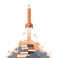 Orange pencil shaped like a rocket launching from a stack of books with smoke and sparks symbolizing creativity and knowledge taking off vector