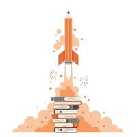 Orange pencil shaped like a rocket launching upward from a stack of books with smoke and spark effects, symbolizing creativity and knowledge acceleration vector