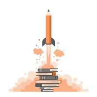 Orange pencil designed as a rocket launching upward from a stack of books surrounded by smoke and stars, symbolizing creativity and educational growth vector