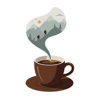 Brown coffee cup with steam forming a mountain landscape featuring two hikers climbing under a sunlit sky with pine trees and clouds vector