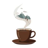 Brown coffee cup with saucer emitting steam shaped like climbers ascending mountain peaks under clouds, symbolizing adventure and warmth vector