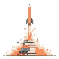 Illustration of a pencil rocket launching from a stack of books symbolizing creativity and knowledge taking off in an educational setting vector