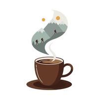 Creative illustration of a brown coffee cup with steam shaped like mountain peaks and hikers climbing, symbolizing adventure and exploration in a warm, imaginative scene vector