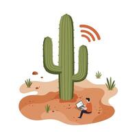 Man sitting on desert ground near large three-armed cactus using laptop with visible wifi signal icon above cactus in dry landscape vector