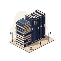 Isometric illustration of tall stacks of large books resembling buildings on a city block with two small human figures walking nearby under street lamps in muted tones vector