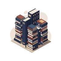 Isometric illustration of stacked hardcover books arranged like skyscrapers with a tiny human figure walking among them in a minimalist style vector