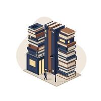 Isometric illustration of a small person walking near towering stacks of large books arranged like buildings on a simple urban block with a streetlight vector