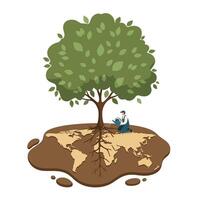Illustration of a large leafy green tree growing on a floating section of earth shaped like a world map with roots extending below and a person examining the roots vector