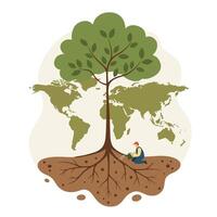 Man planting a healthy green tree with deep roots against a world map background symbolizing global environmental care and sustainable growth vector