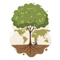 Large green tree with extensive roots and a person sitting beneath reading, illustrated with a world map backdrop symbolizing global nature connection and knowledge vector