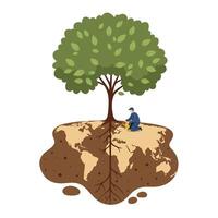 Man planting a large green leafy tree on a brown soil patch shaped like a world map representing environmental care and global growth vector