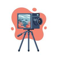 Digital camera mounted on a tripod displaying underwater scenery with coral reefs and fish in a minimalistic flat design style vector